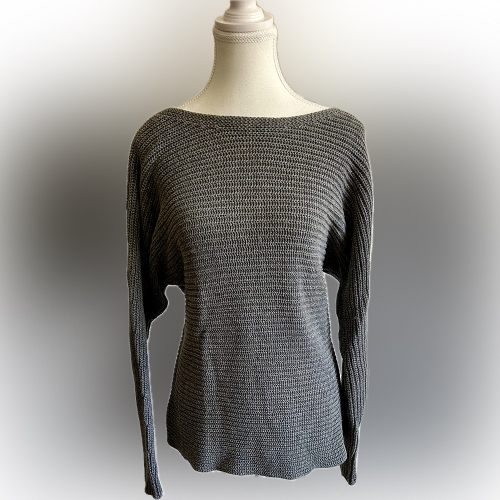 Shimmery gray, boat neck sweater w dolman sleeves